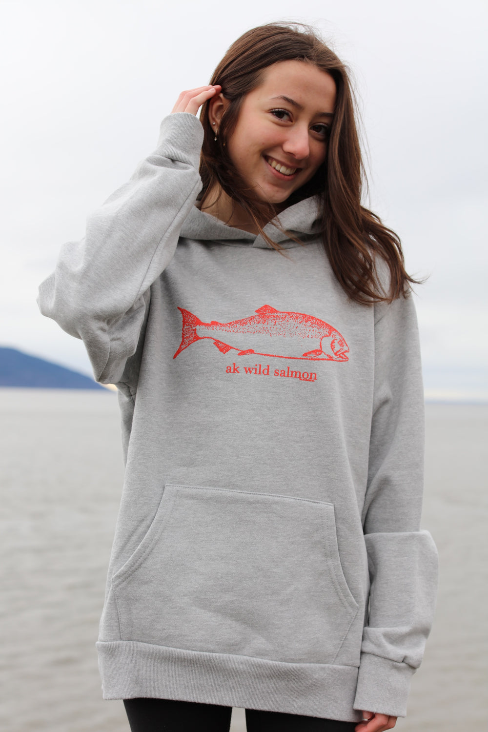 Heather Gray Roe Ink AK Wild Salmon 100% Cotton Heavyweight Pullover $88.00