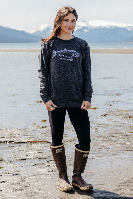 Heathered Black AK Wild Salmon Triblend Crewneck $65.00