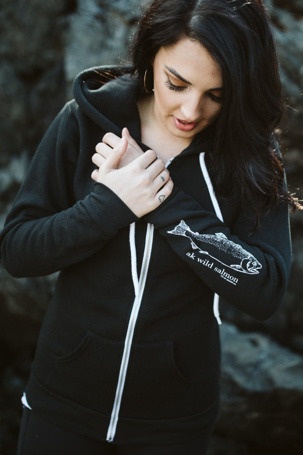 Black AK Wild Salmon 50/50 Zipped Hoody $73.00