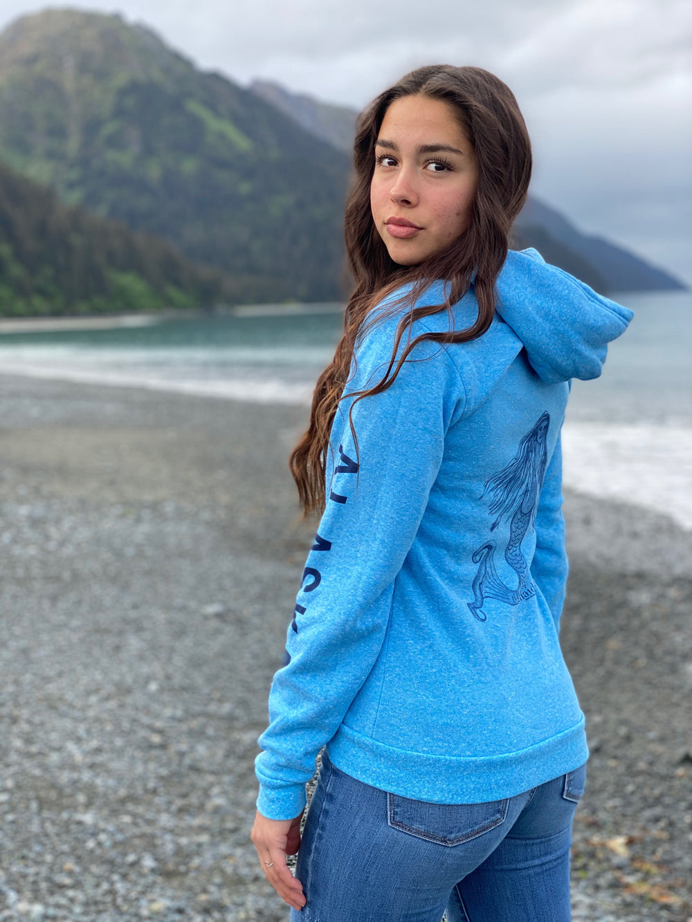 Forgetmenot Blue AK Mermaid with ALASKA sleeve Triblend Pullover Hoody $69.00