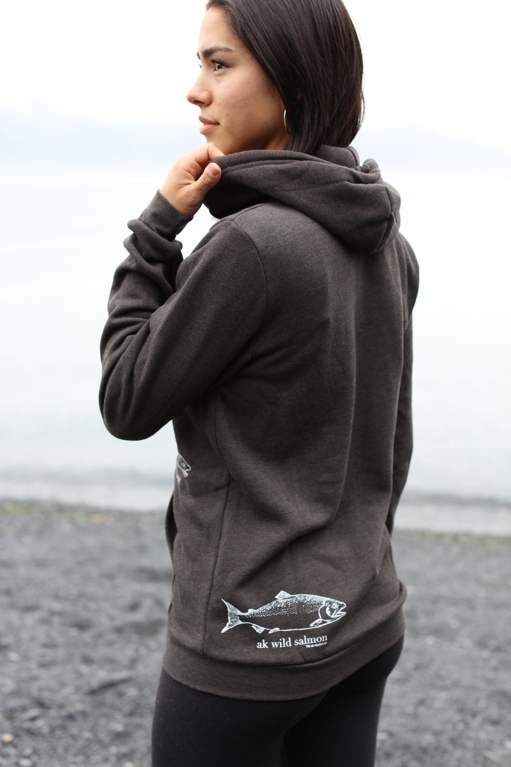 Heathered Black AK Wild Salmon 50/50 Zipped Hoody $69.00