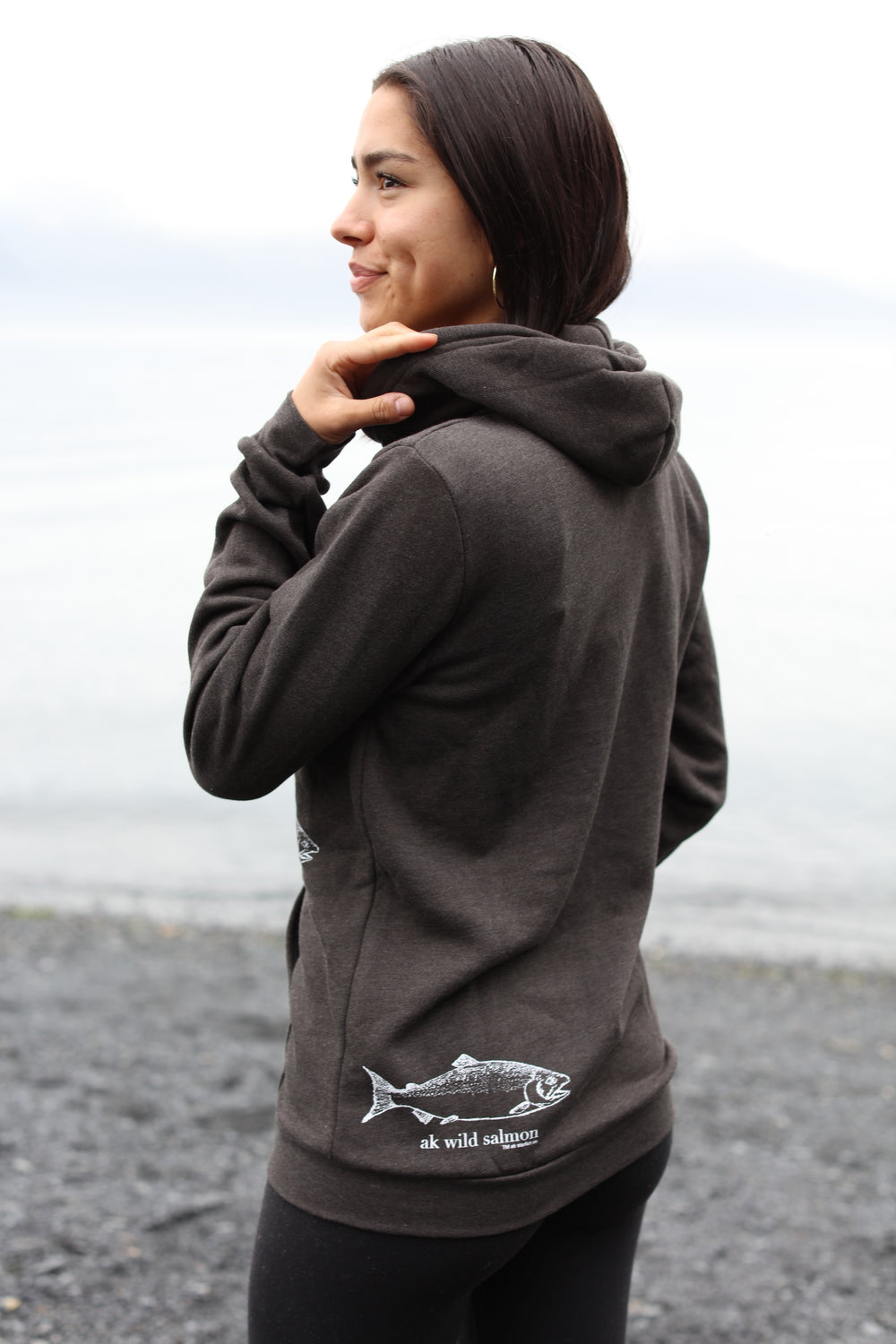 Heathered Black AK Wild Salmon 50/50 Zipped Hoody $69.00