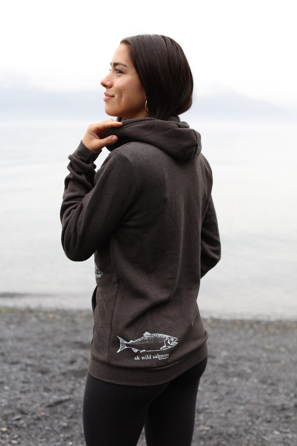 Heathered Black AK Wild Salmon 50/50 Zipped Hoody $69.00