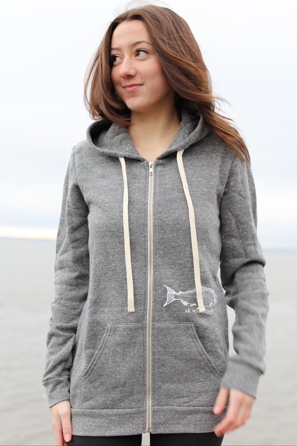 AK Wild Salmon design in Storm Triblend Zipped Hoody $73.00