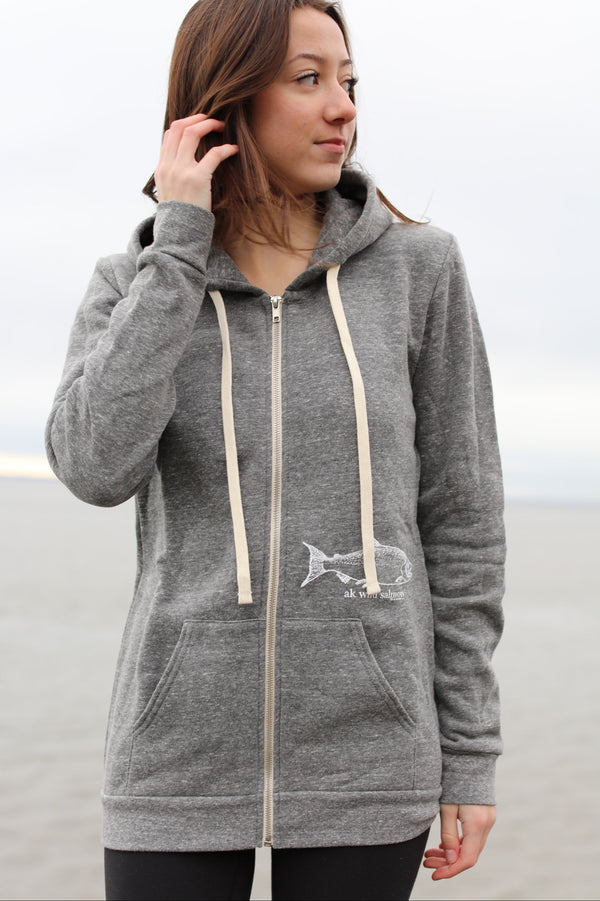 AK Wild Salmon design in Storm Triblend Zipped Hoody $73.00