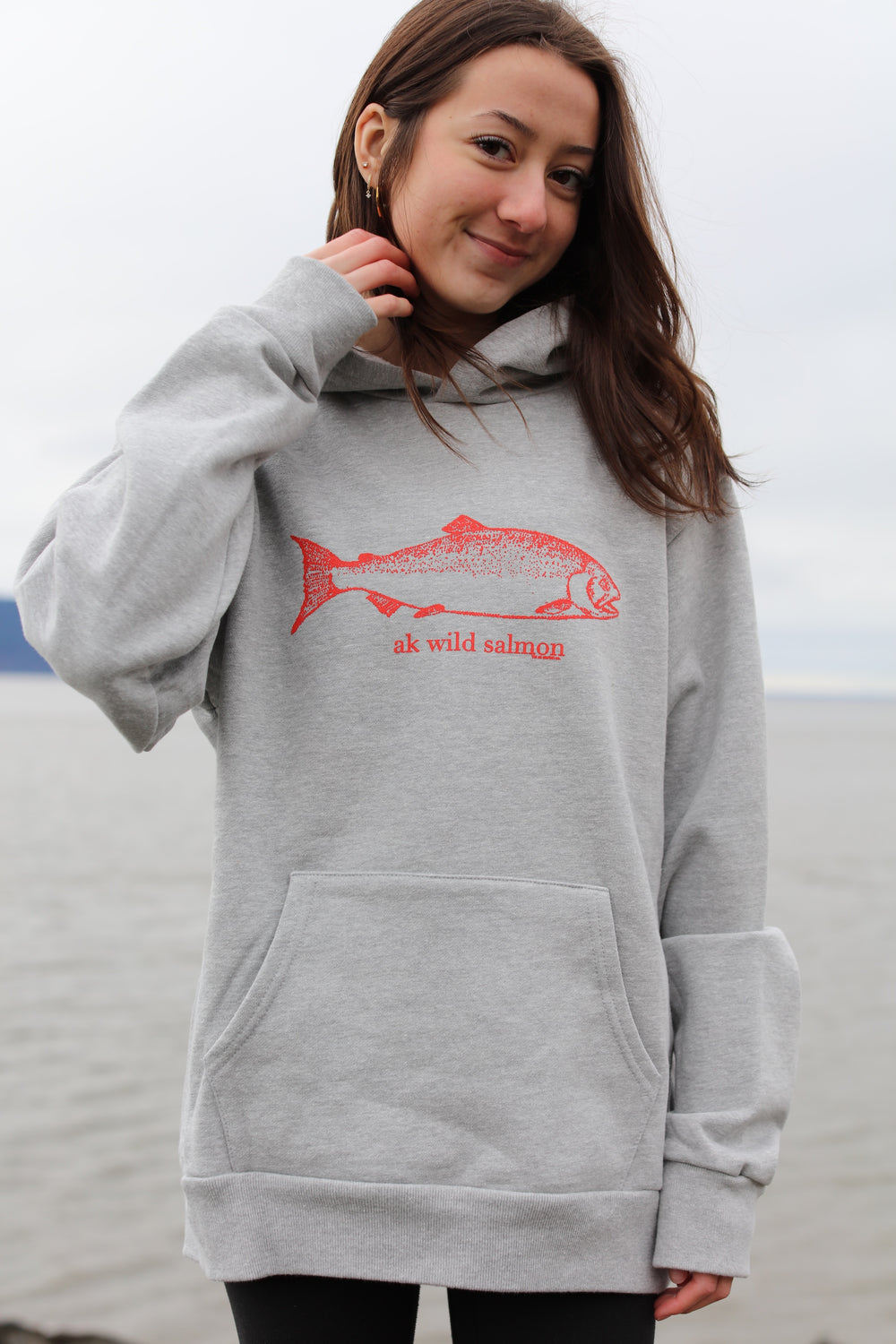 Heather Gray Roe Ink AK Wild Salmon 100% Cotton Heavyweight Pullover $88.00