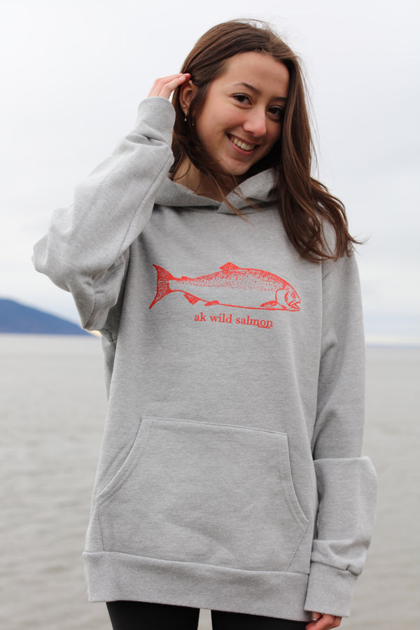 AK Wild Salmon Design in Heather Gray with Buoy Ink 100% Cotton Heavyweight Pullover $88.00