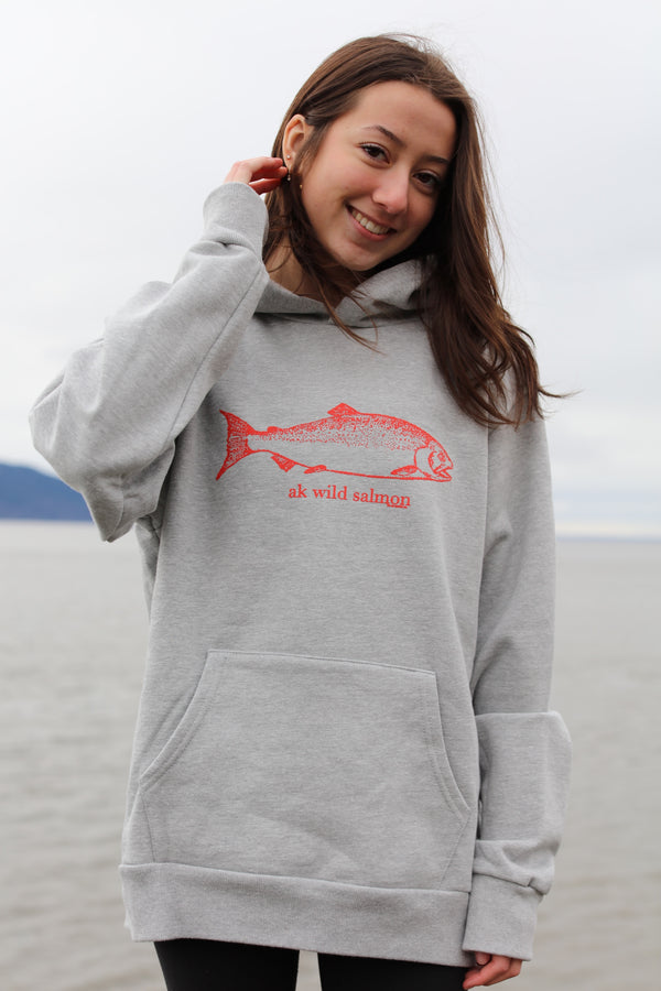 AK Wild Salmon Design in Heather Gray with Buoy Ink 100% Cotton Heavyweight Pullover $88.00