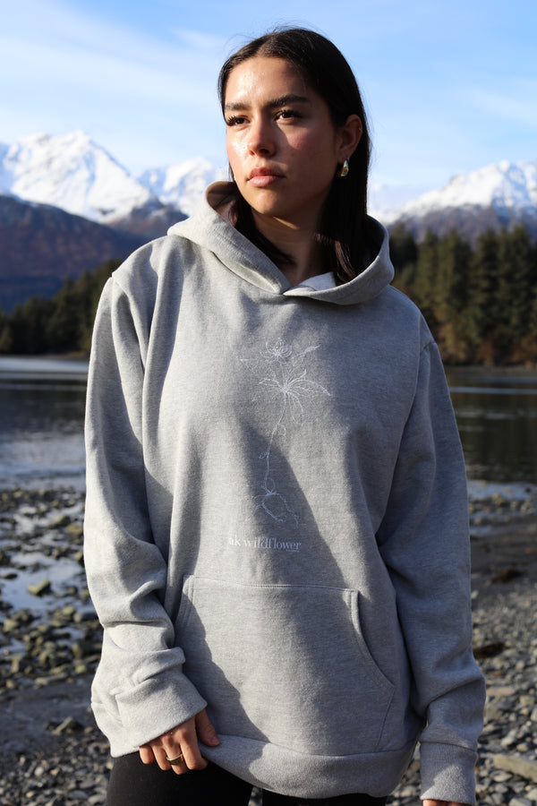 AK Wildflower Design in Heather Gray with White Ink 100% Cotton Heavyweight Pullover $88.00
