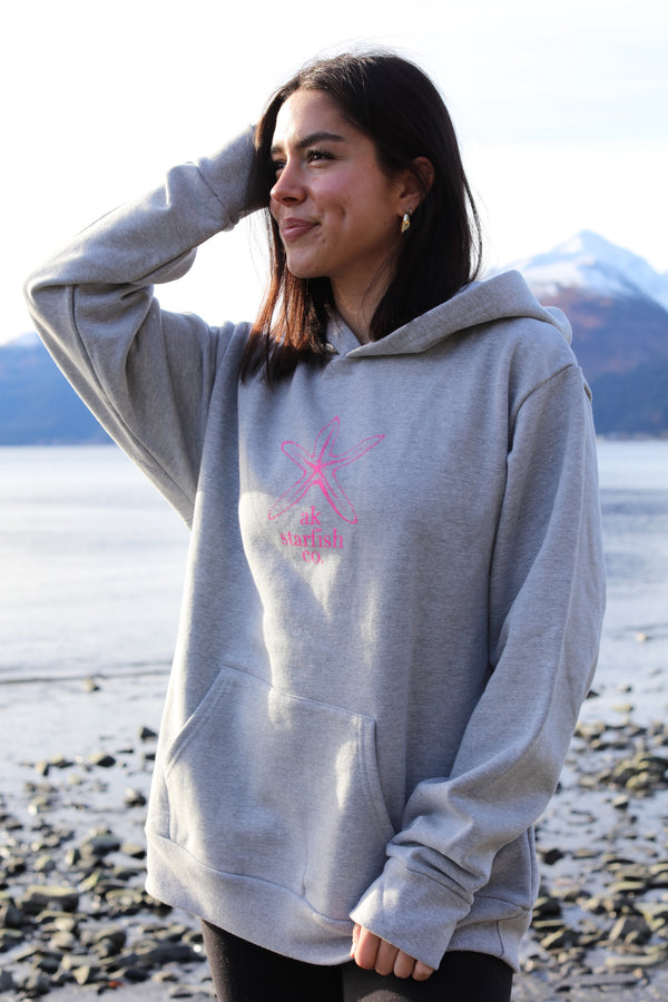 AK Starfish Co. design in Heather Gray with Hot Pink Ink 100% Cotton Heavyweight Pullover $88.00