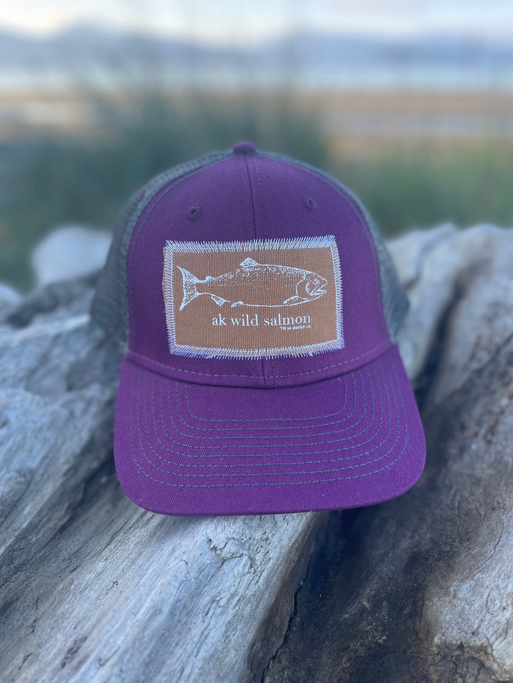 Violet / Slate AK Wild Salmon Patch Hat. $38.00