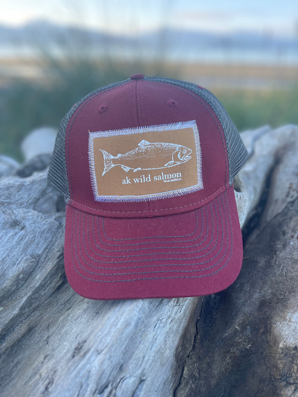 Autumn / Slate AK Wild Salmon Patch Hat. $38.00