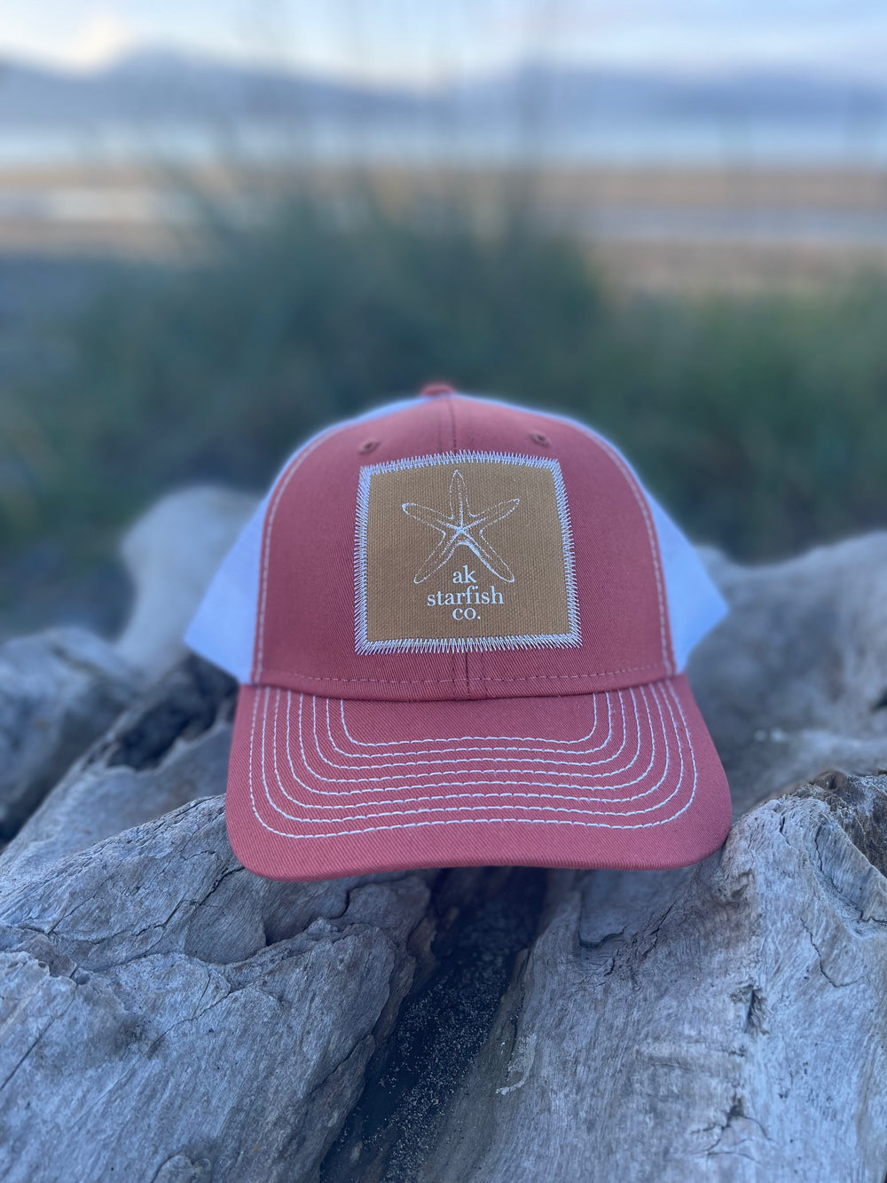 Salmonberry / White AK Starfish Co. Patch Hat. $38.00