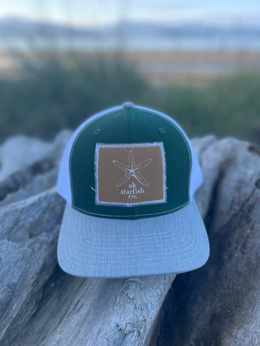 Marine / Heather Grey / White AK Starfish Co. Patch Hat. $38.00