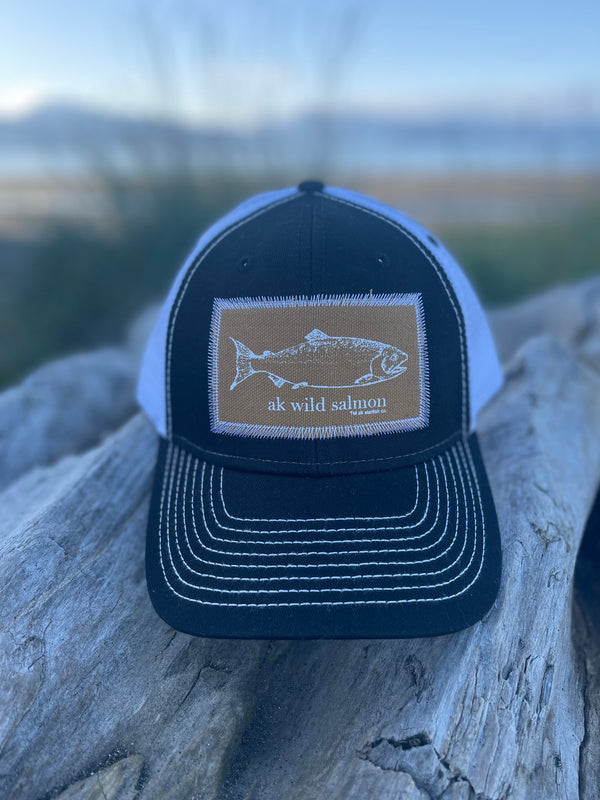 Black / White AK Wild Salmon Patch Hat. $38.00