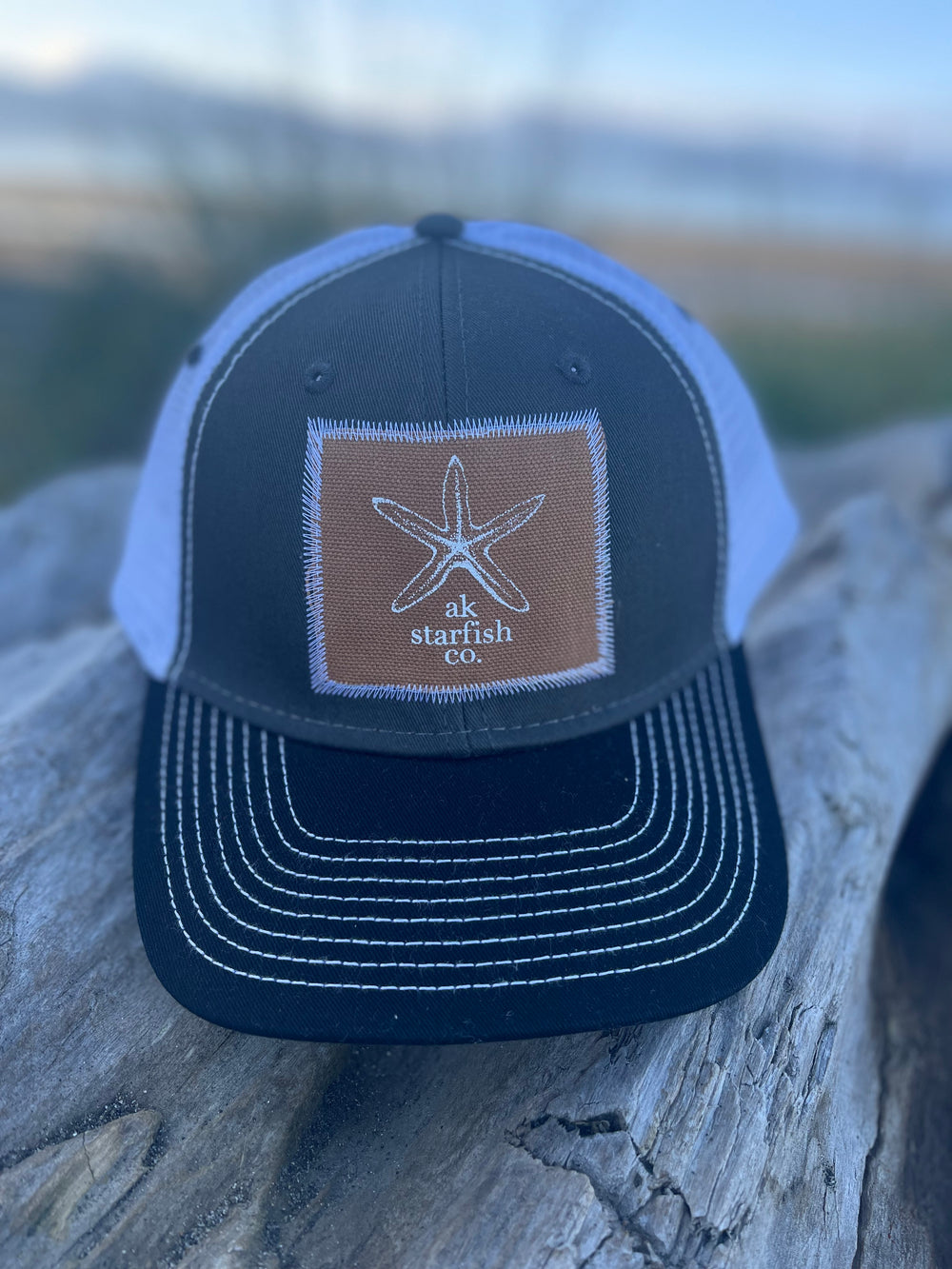 Slate / Black / White AK Starfish Co. Patch Hat. $38.00