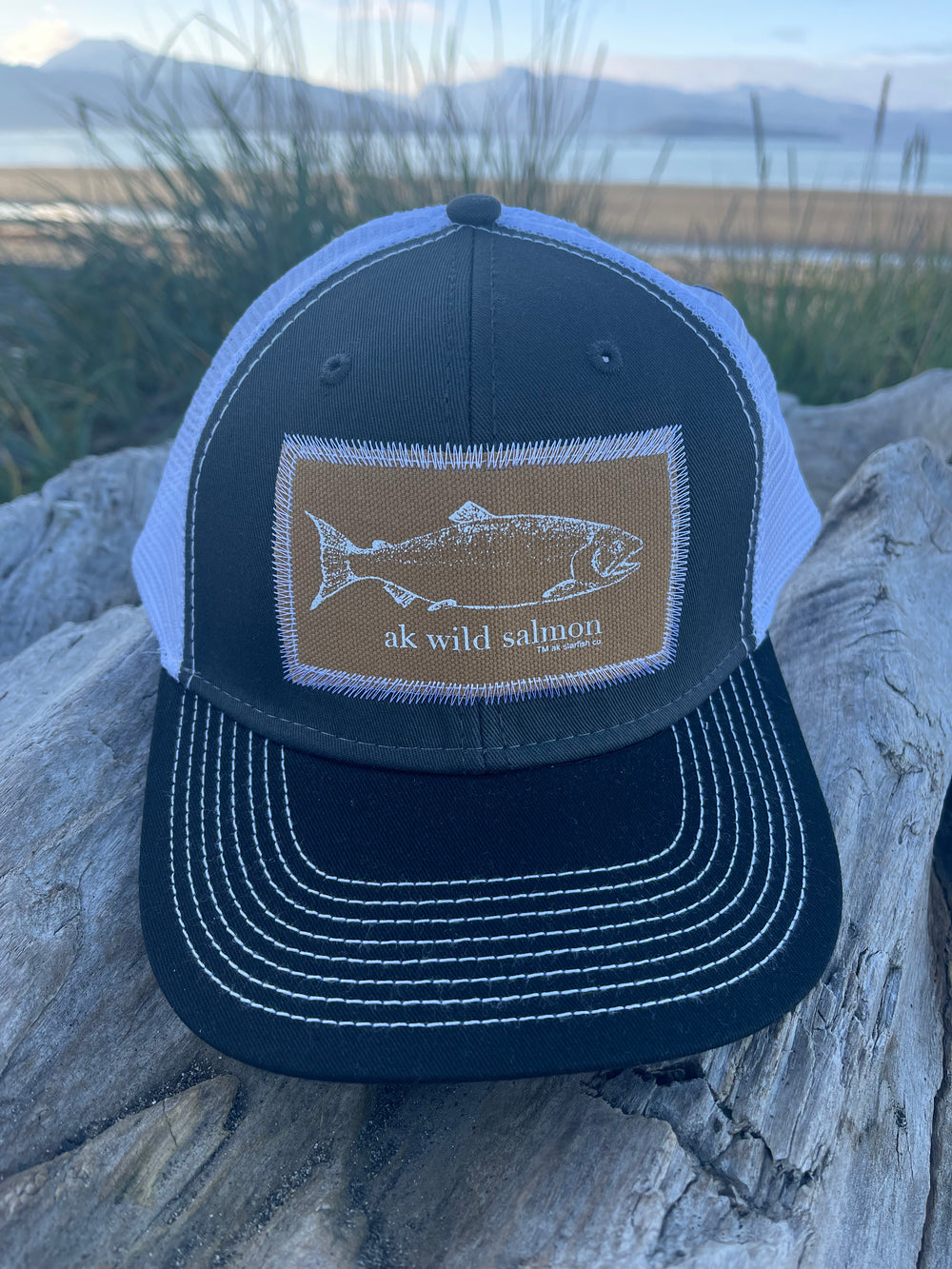 Slate / Black / White AK Wild Salmon Patch Hat. $38.00