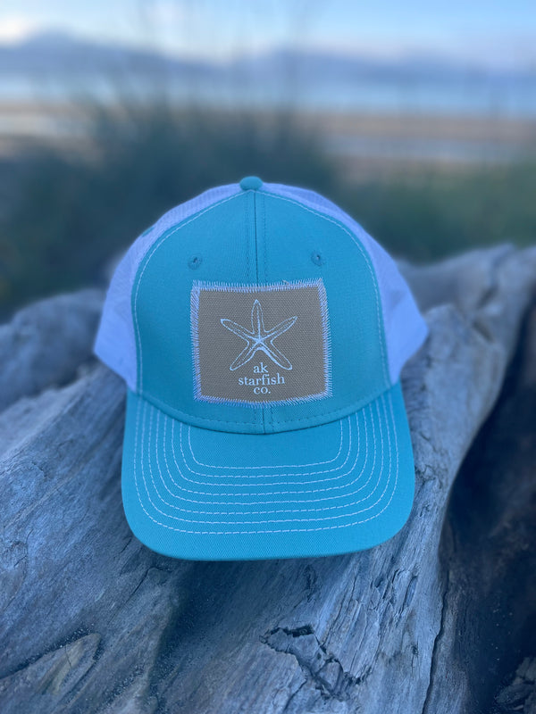 Robin Egg / White AK Starfish Co. Patch Hat. $38.00