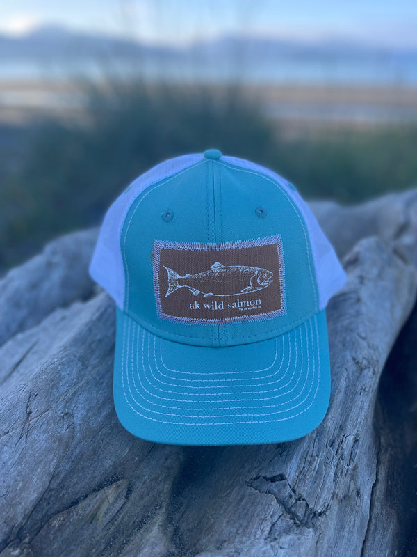 Robin Egg / White AK Wild Salmon Patch Hat. $38.00