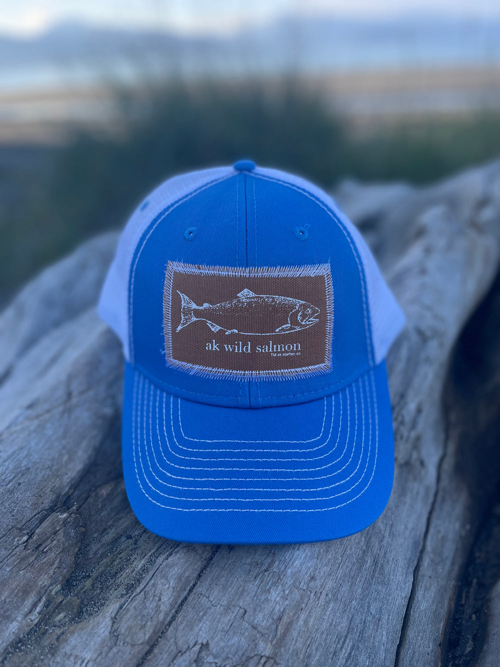 Alaska Blue / White AK Wild Salmon Patch Hat. $38.00