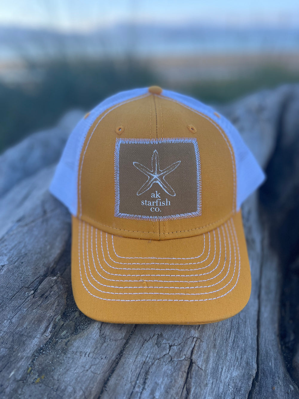 Honey / White AK Starfish Co. Patch Hat. $38.00