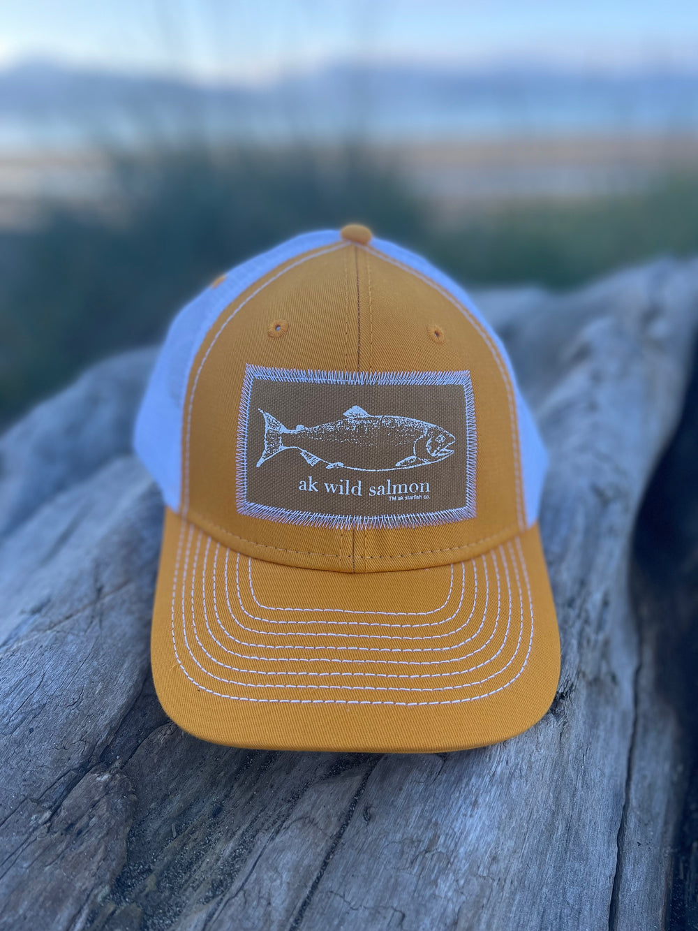 Honey / White AK Wild Salmon Patch Hat. $38.00