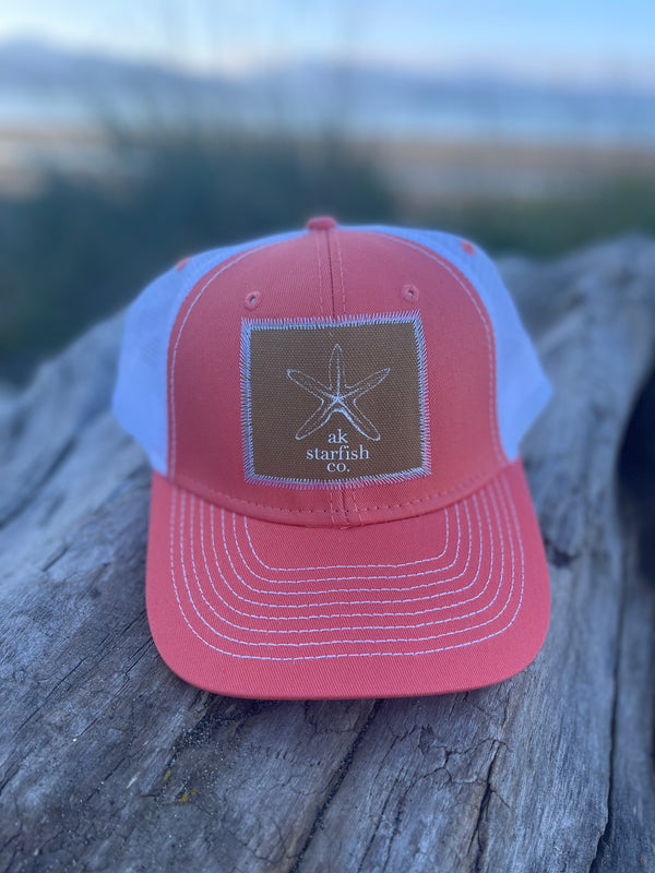 Shrimp / White AK Starfish Co. Patch Hat. $38.00