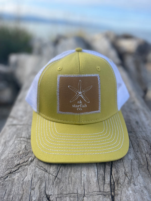 Aspen Gold / White AK Wild Salmon Patch Hat. $38.00