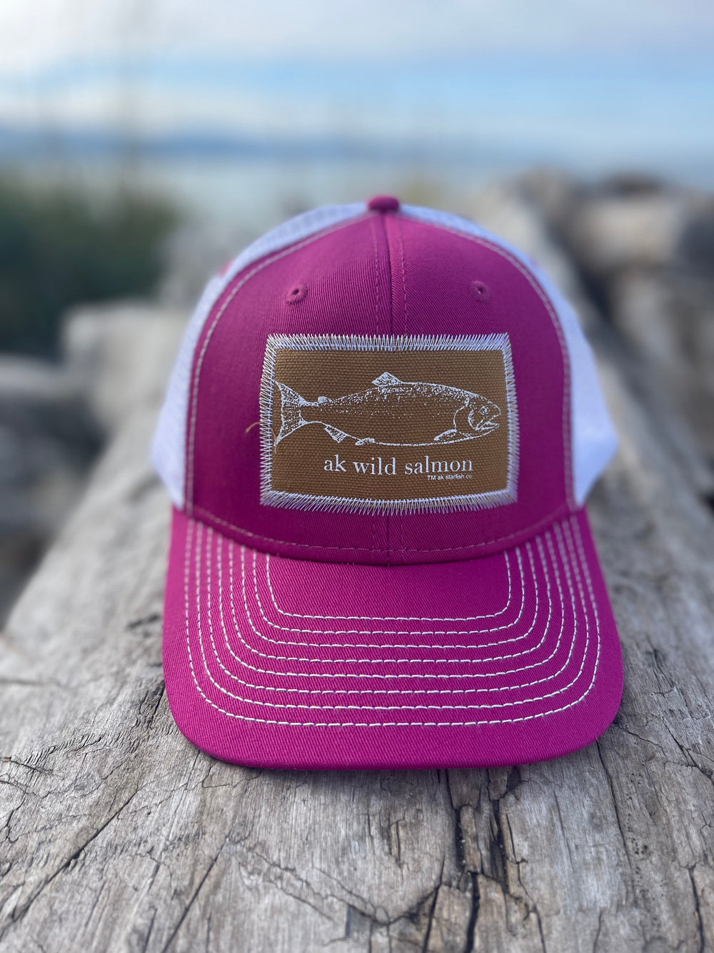 Fireweed / White AK Wild Salmon Patch Hat. $38.00