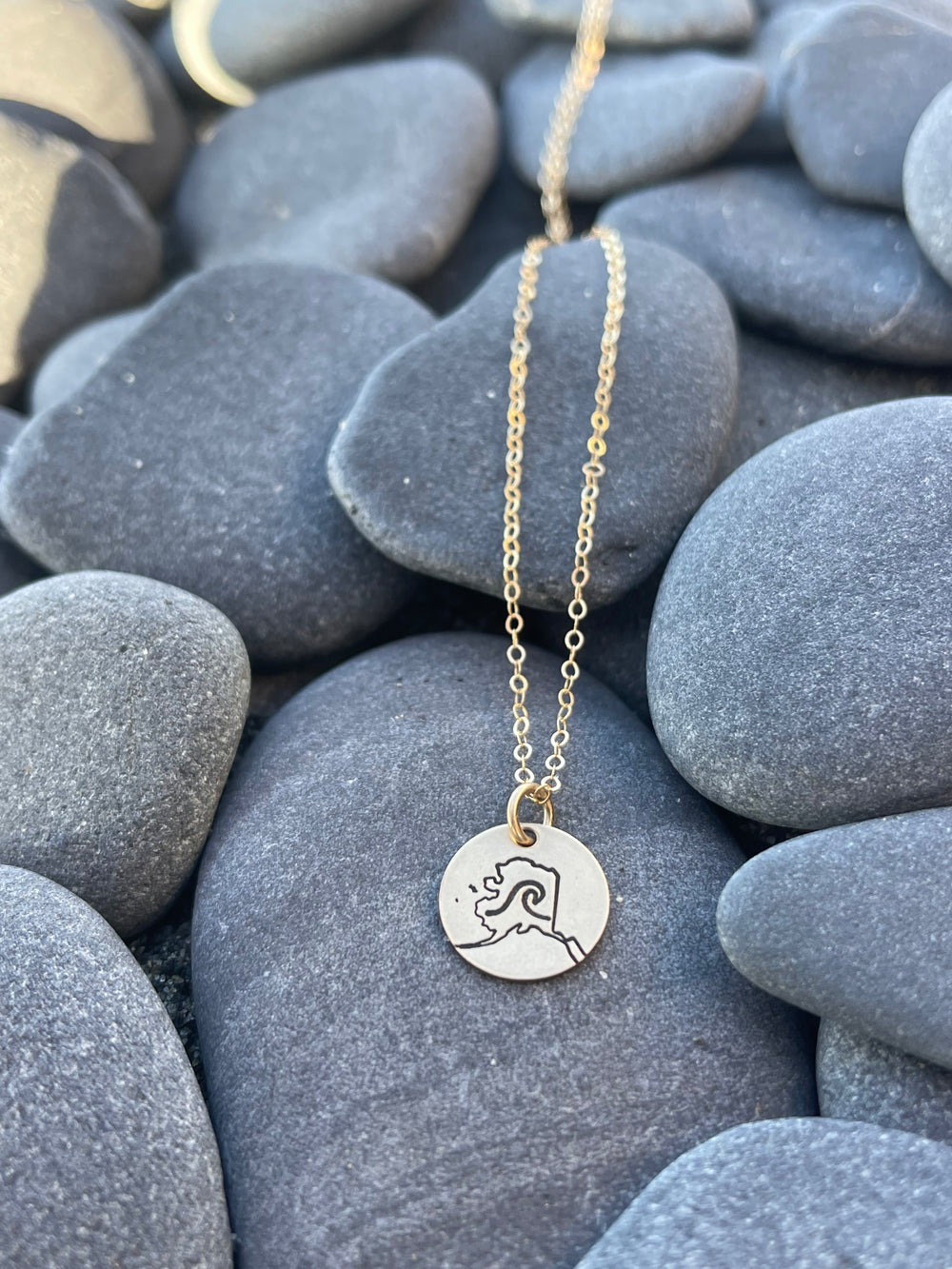 Gold Circle Pendant Alaska Map with Wave $58.00