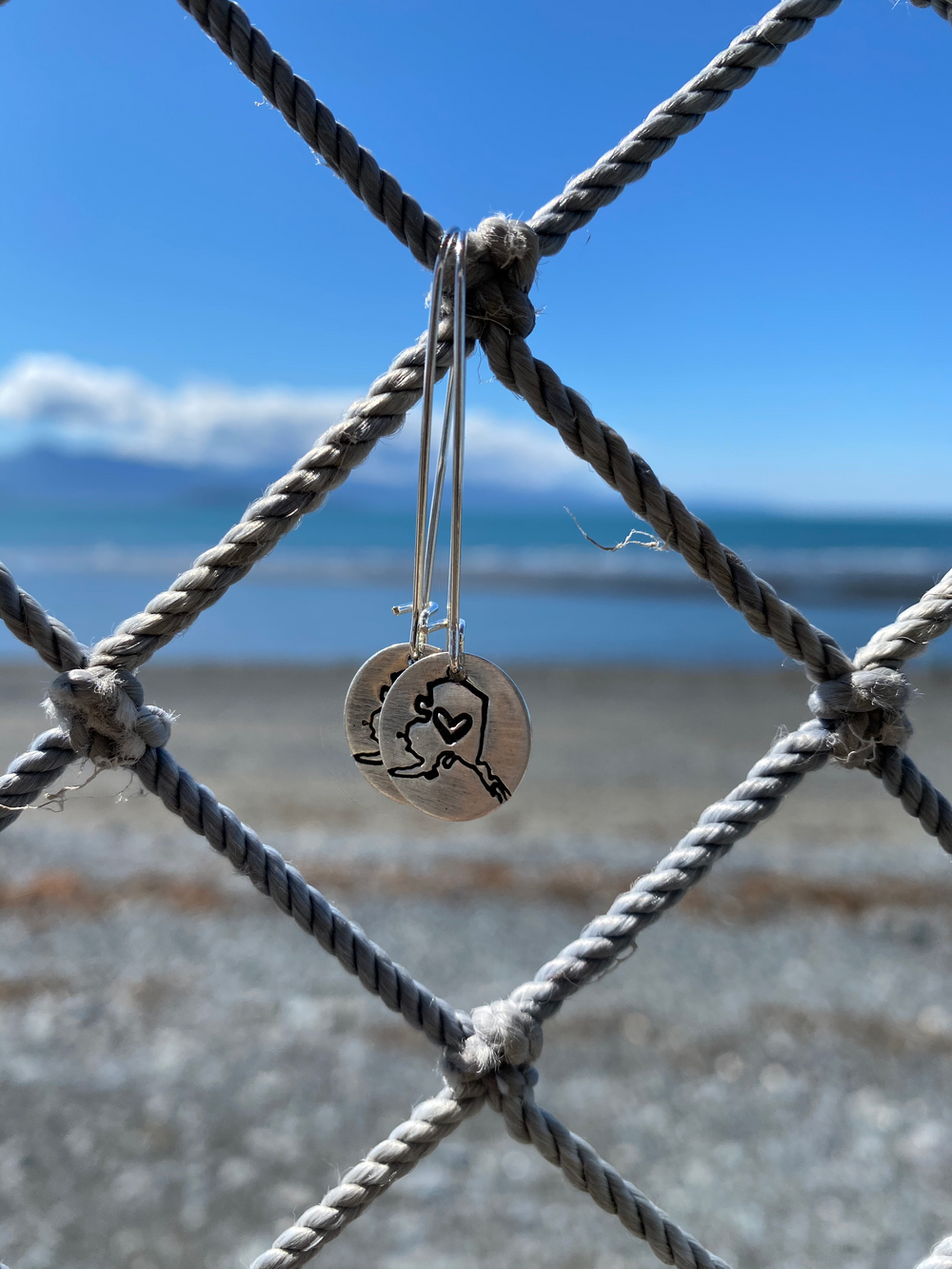 Sterling Silver Alaska State with Heart Earrings