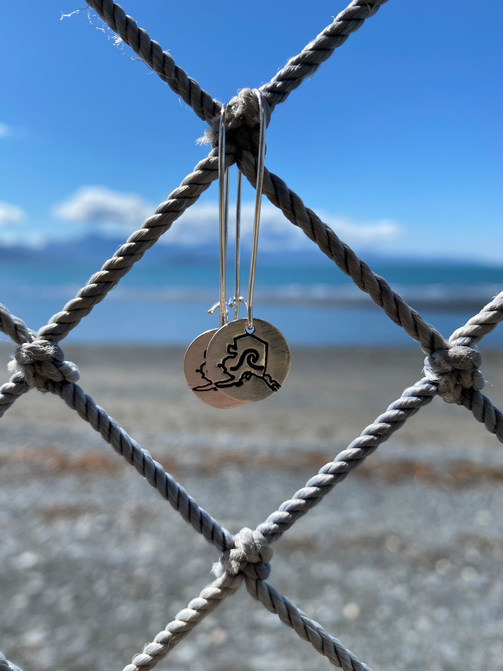 Sterling Silver Alaska State with Wave Earrings