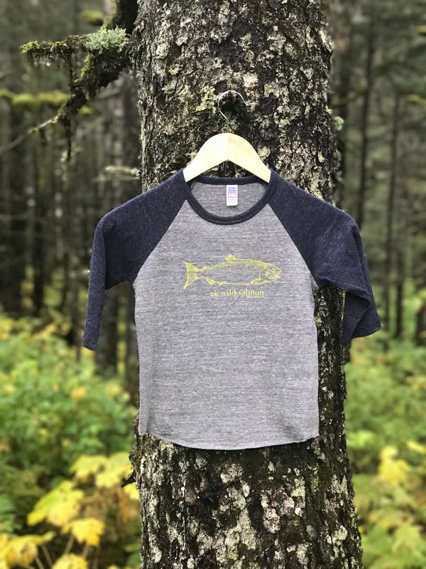 Beach Navy & Heather Gray AK Wild Salmon Children's Baseball Tee $30.00