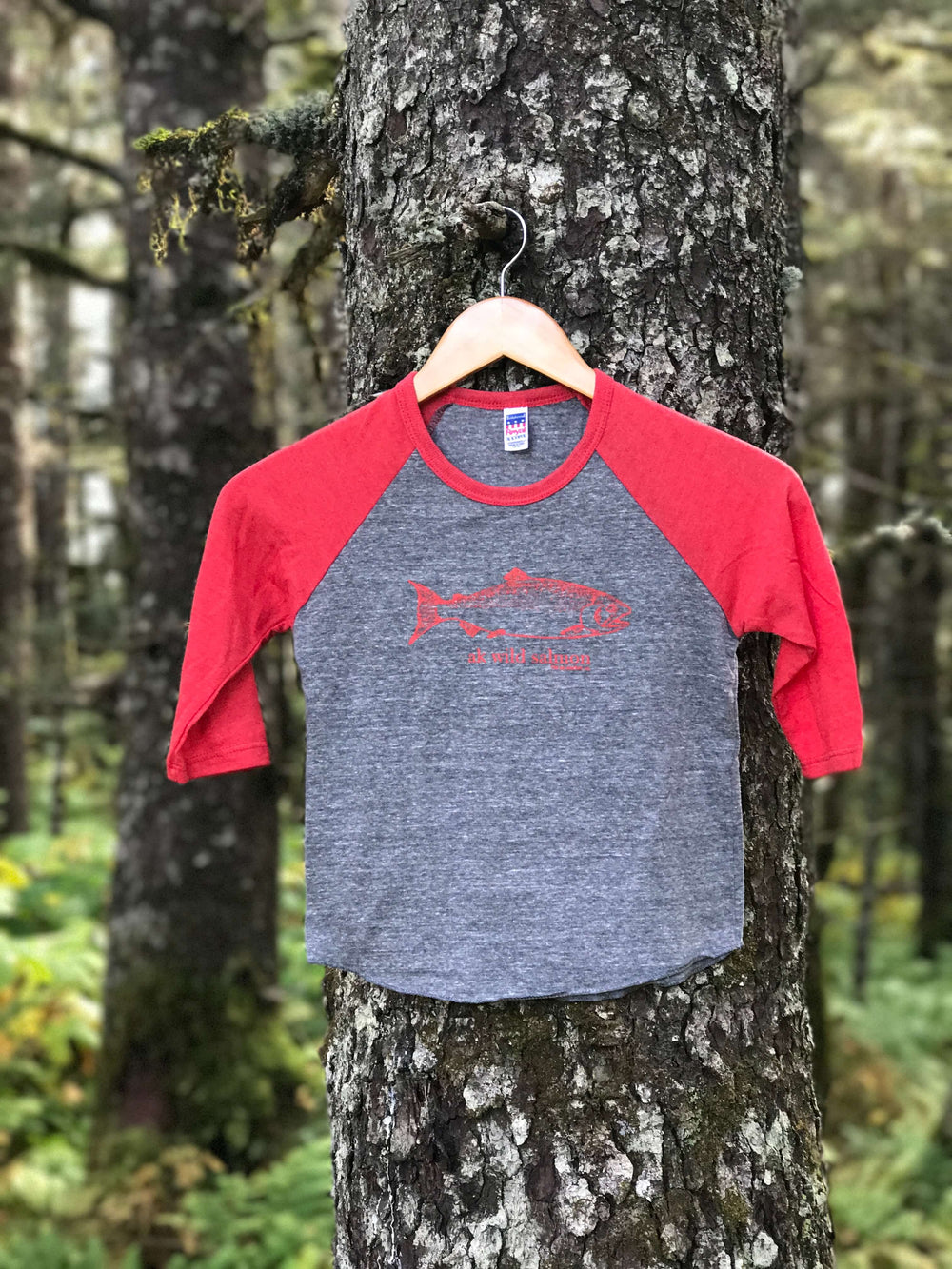 Storm with Red Sleeve AK Wild Salmon 3/4 Sleeve Raglan $30.00