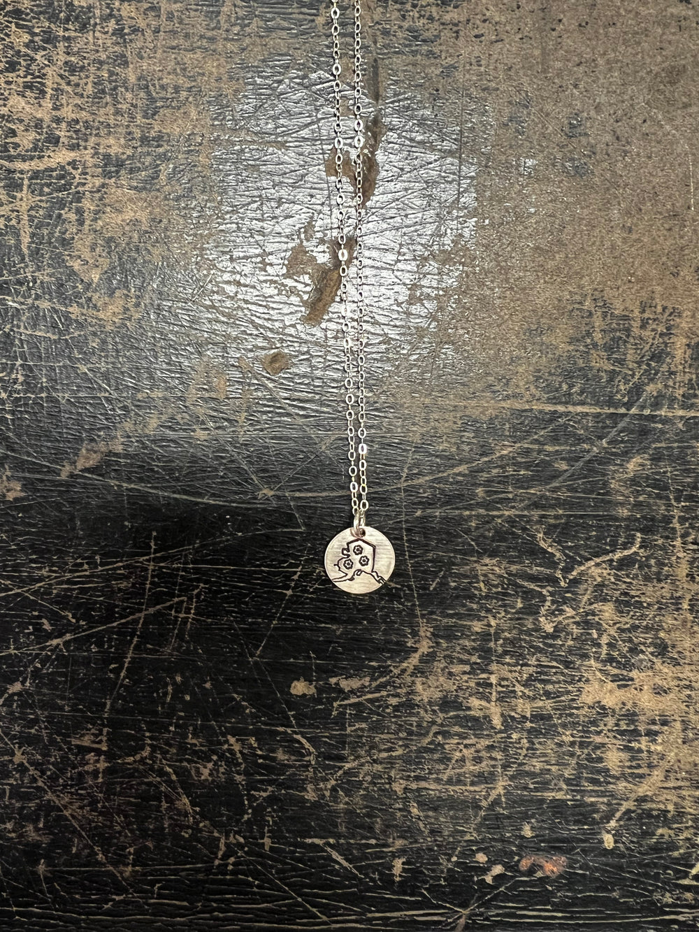 Circle Pendant with Alaska Shape and Forget Me Nots $48.00