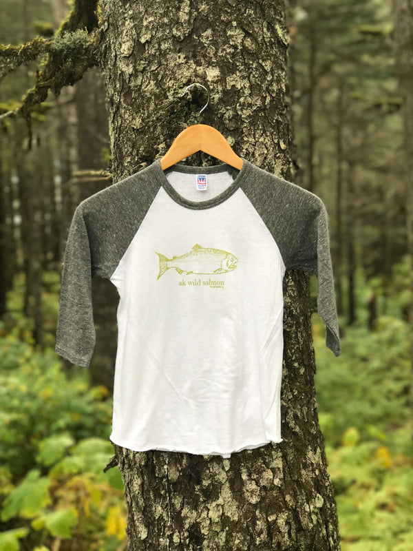 Heather Gray with Moss AK Wild Salmon Children's Baseball Tee $35.00