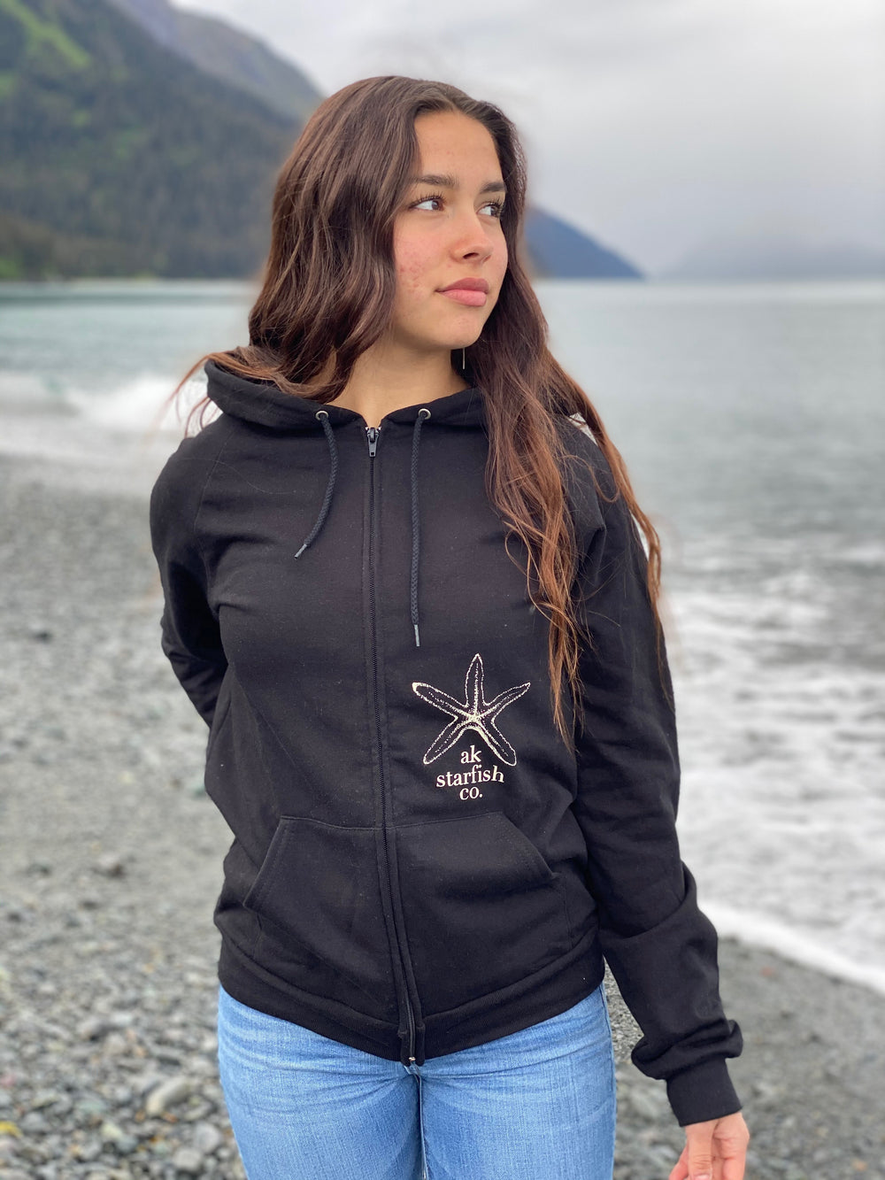 Black AK Starfish Co. 100% Organic Cotton Zipped Hoody