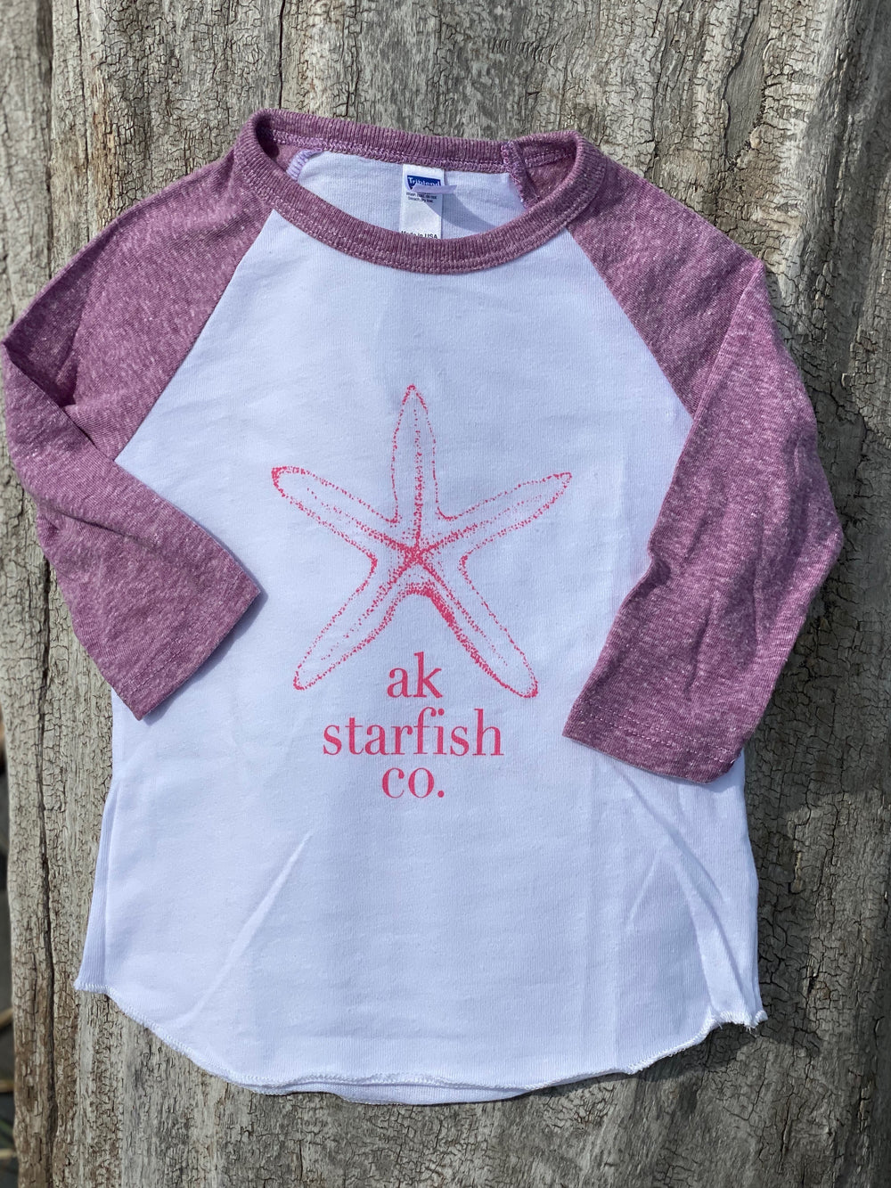 White with Beach Mussel Shell Sleeve AK Starfish Co. 3/4 Sleeve Raglan $30.00