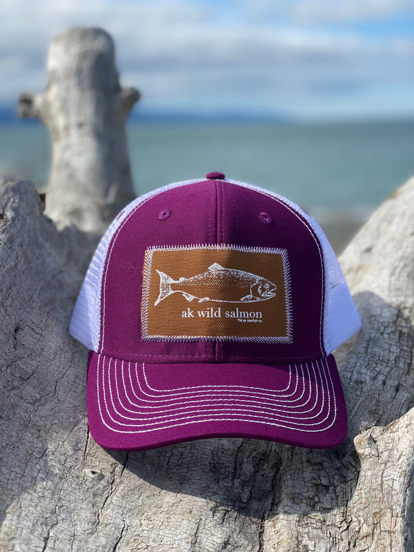 Violet / White AK Wild Salmon Patch Hat. $38.00